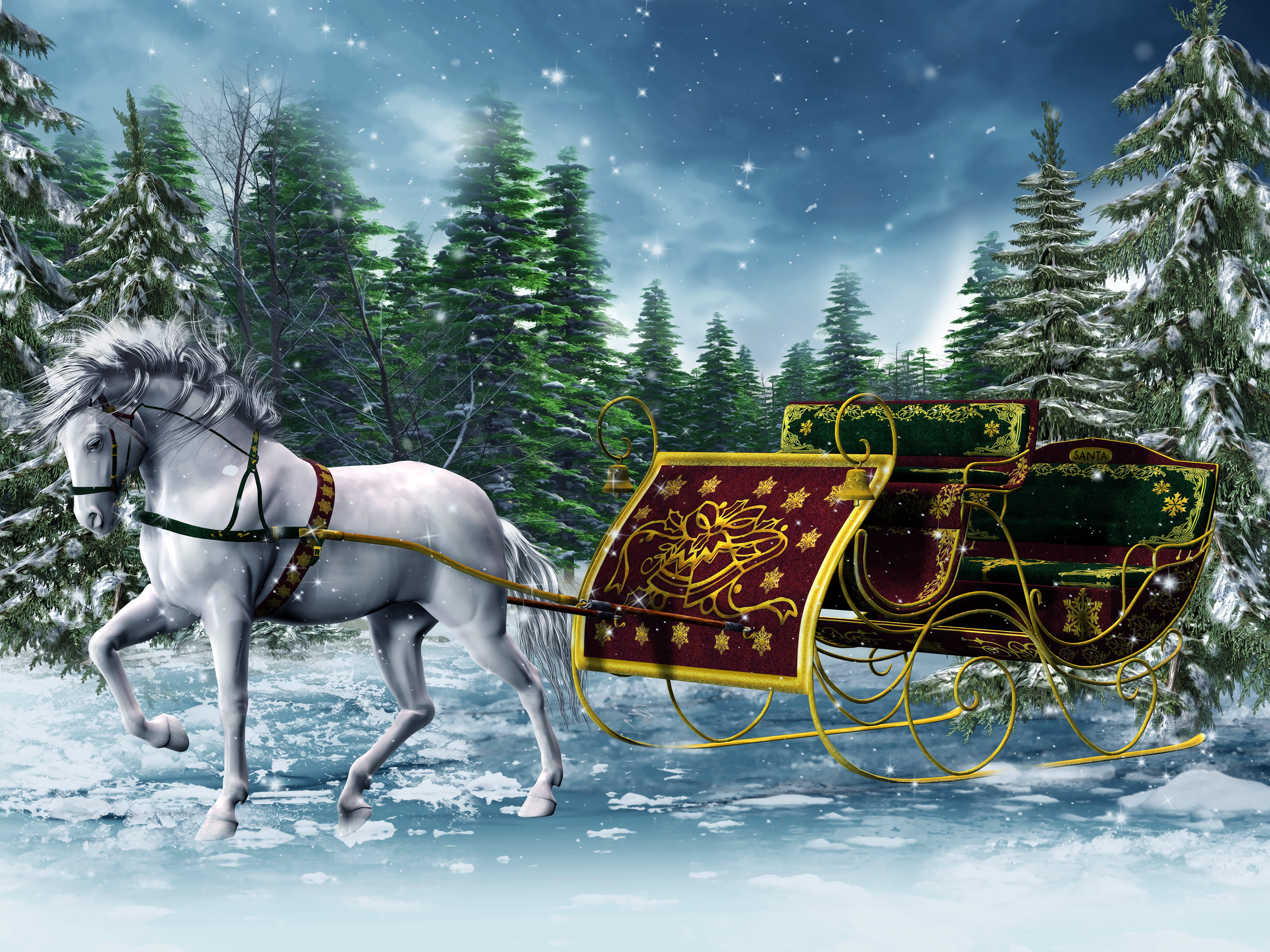 Horse and Holiday Sleigh 4k Ultra HD Wallpaper Background Image