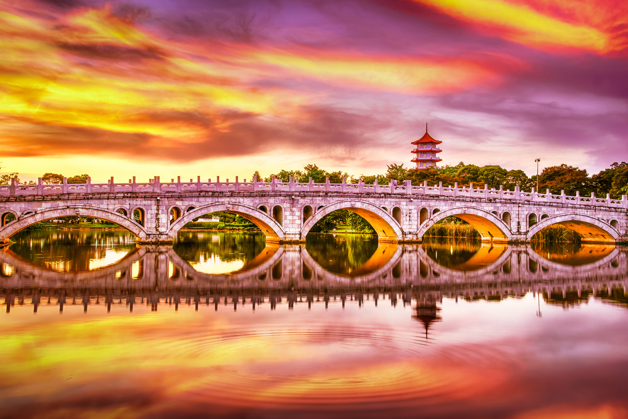 Download Reflection Garden Singapore Sunset Man Made Bridge HD Wallpaper