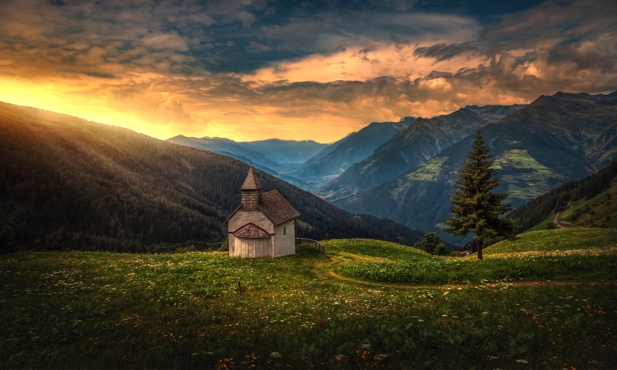Download Forest Tree Landscape Mountain Chapel Religious Church HD