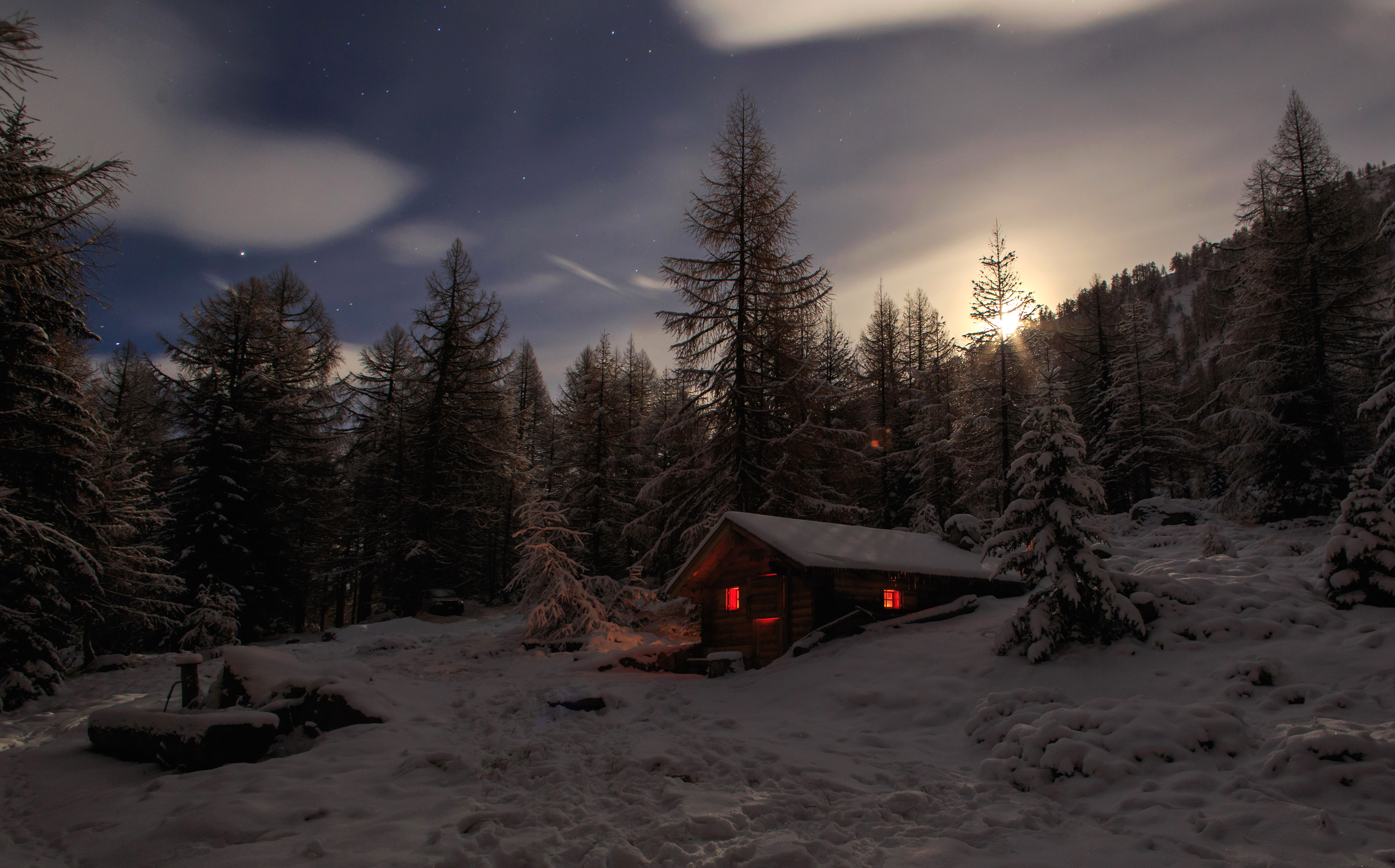 Download Light Cabin Tree Snow Night Photography Winter HD Wallpaper