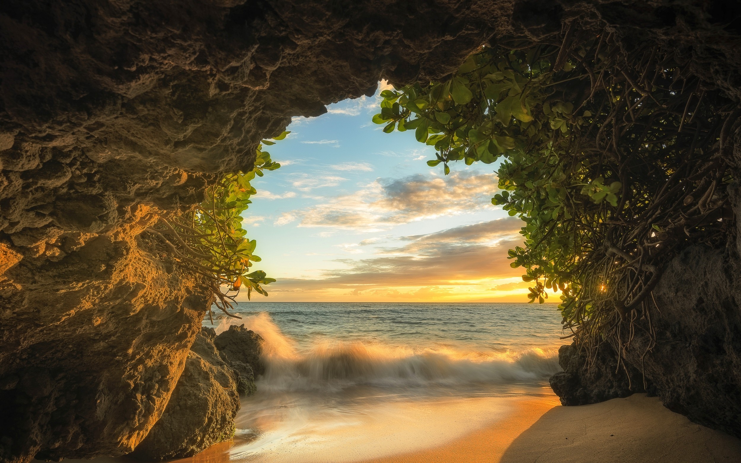 Sunset Cave Beach HD Wallpaper