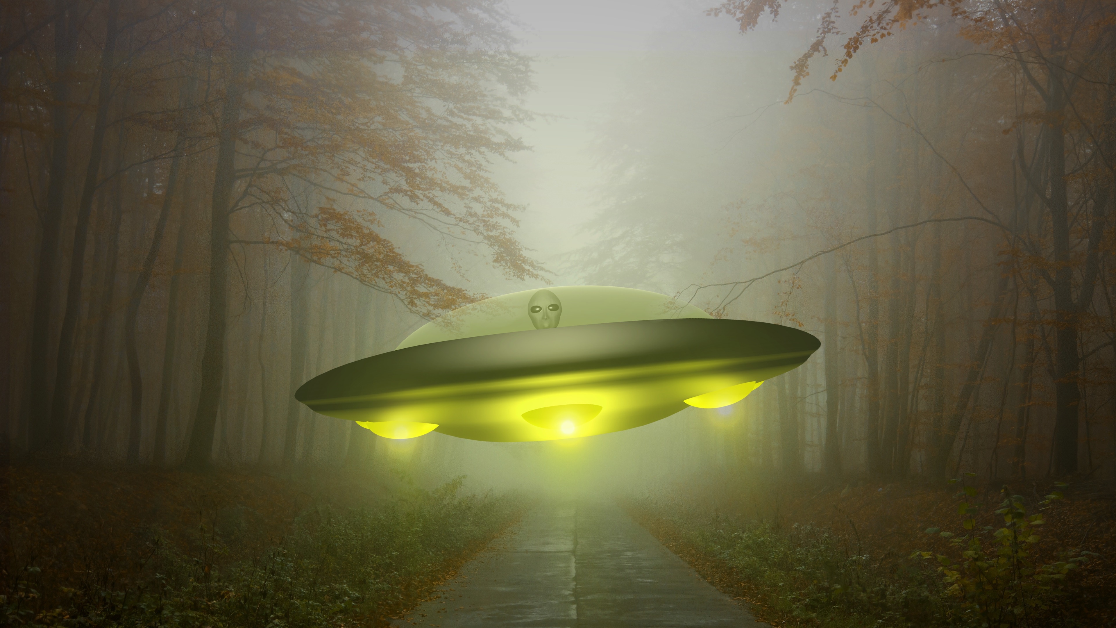 UFO on Dark Road 4k Ultra HD Wallpaper Background Image