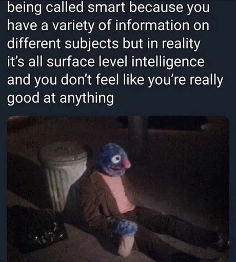 ﻿being called smart because you have a variety of information on different subjects but in reality it’s all surface level intelligence and you dont feel like you’re really at anything good