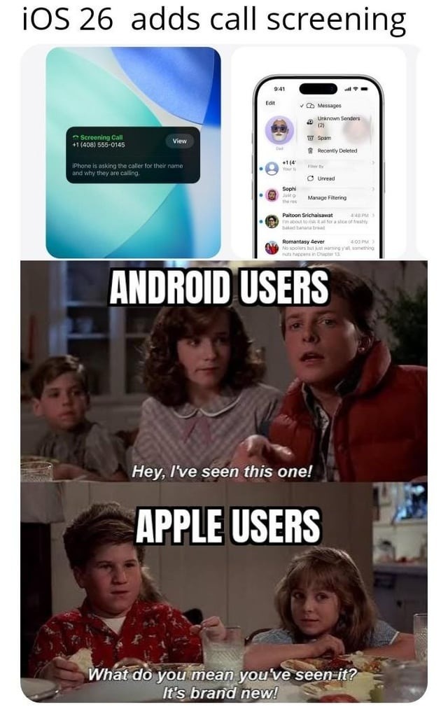 ﻿iOS 26 adds call screening J0 Vanset MAmnntam Scrooning Call Jne 555-0145 Rercnly Dacted pani  #aaskIng tha €allet tor their nIcrio Mely tey ate calllng meud Eaphi Fitenro proon Gachman Ramaneaxy #nnd !4 ANDROID USERS Hey; Ive seen this onel APPLE USERS What do you mean you’ve seen it? It”s brand newl
