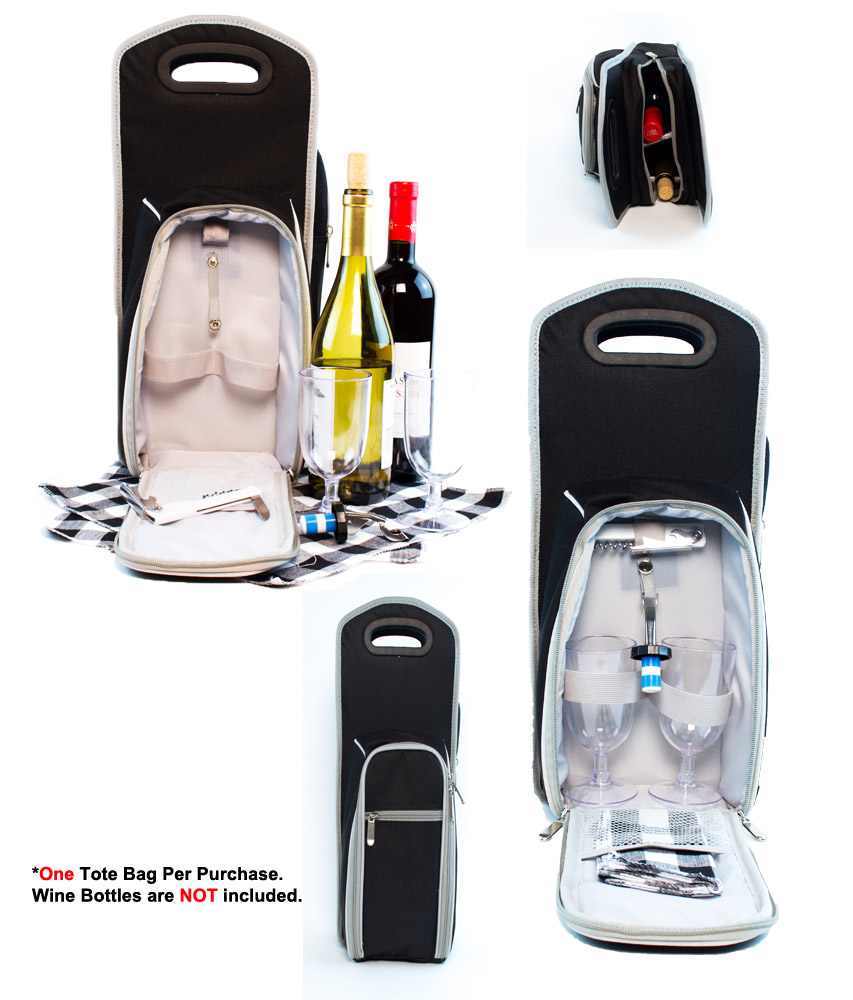 7 Pcs Wine Tote Bag or Carrier Case Picnic Set (Black / Grey