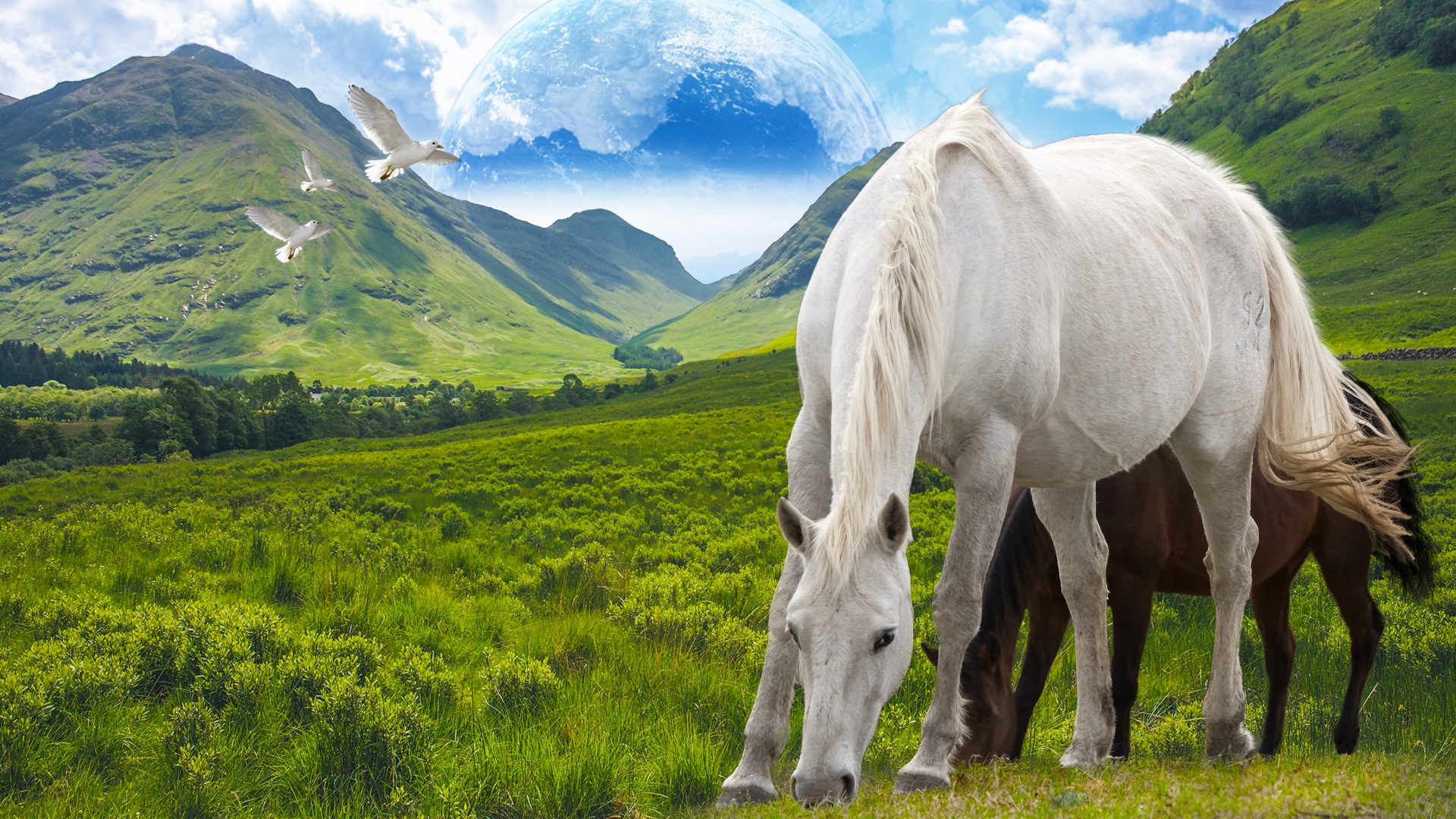 Horses Grazing In A Fantasy Land Full HD Wallpaper and Background