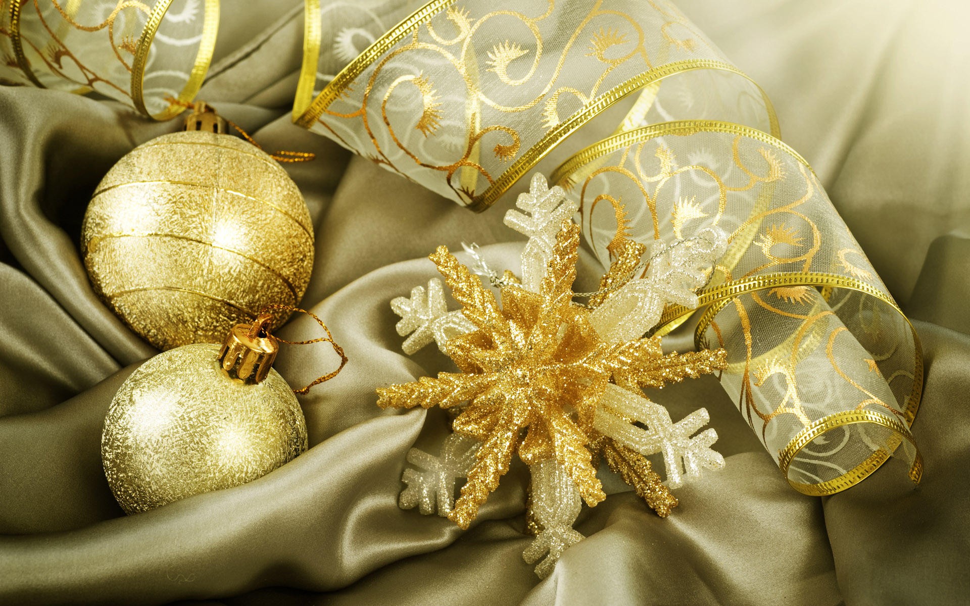 Download Satin Gold Christmas Ornaments Holiday Christmas HD Wallpaper