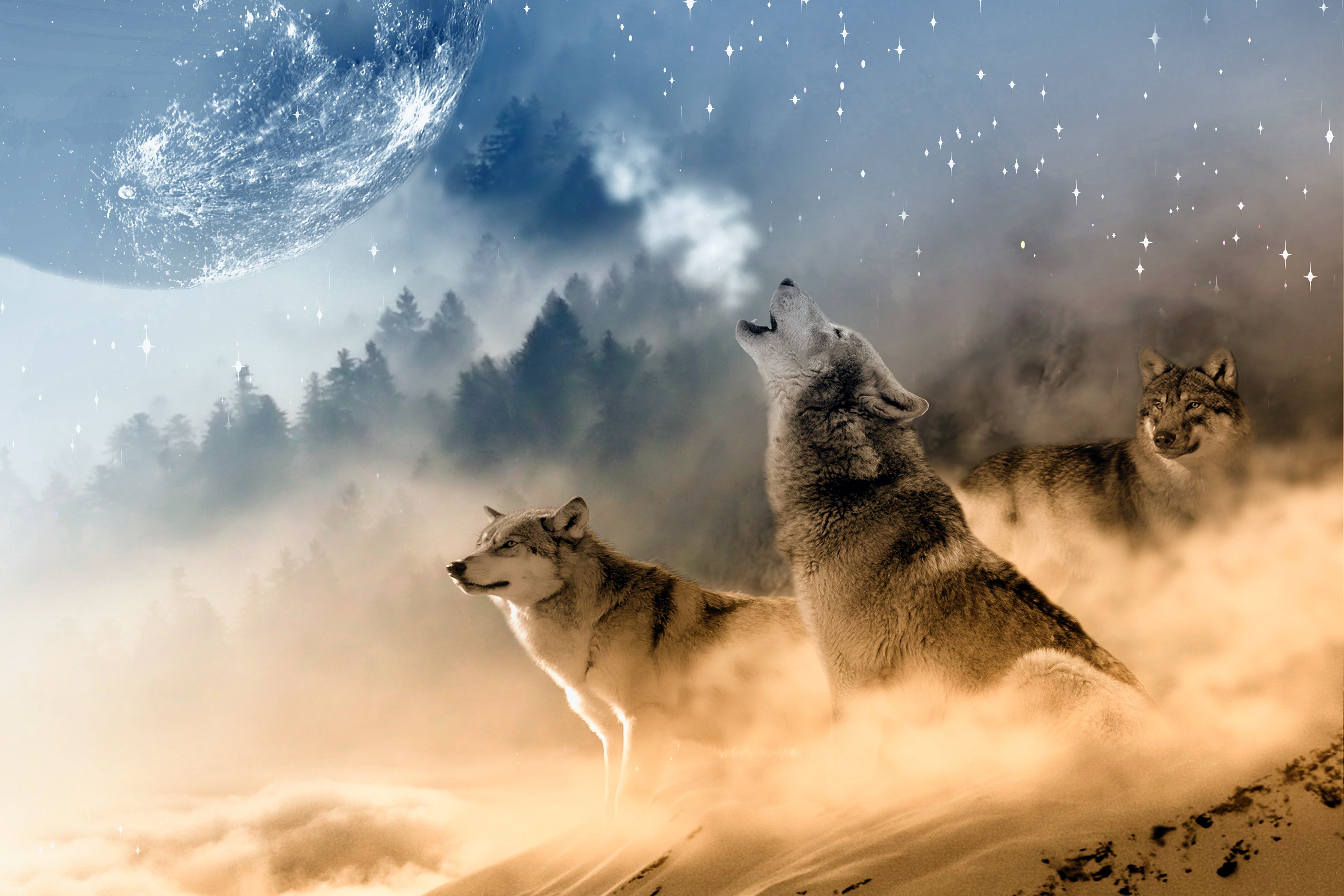 Moonlit Howls A Stunning HD Wallpaper of Fantasy Wolves by InspiredImages