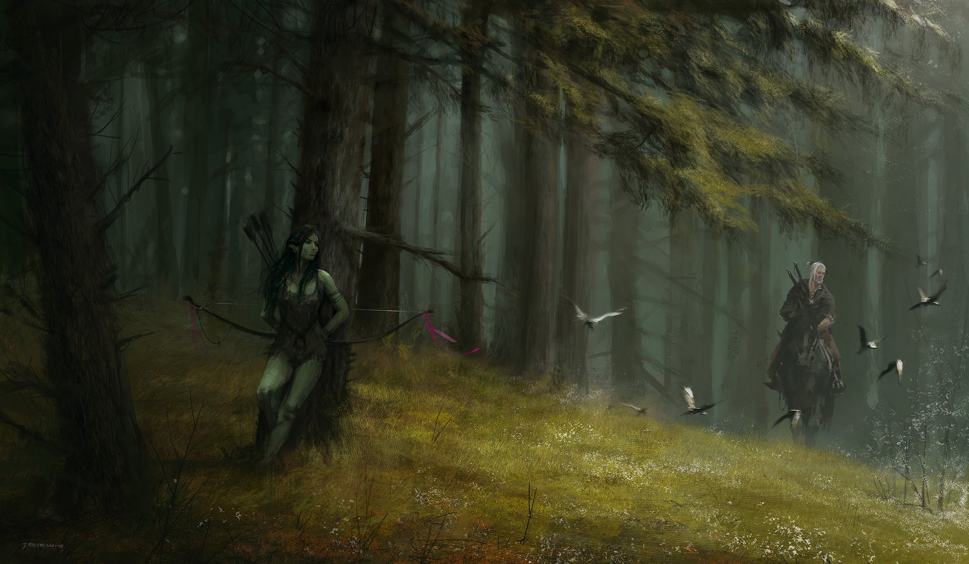 Warrior's Tale in the Forest The Witcher HD Wallpaper by Jakub Rozalski