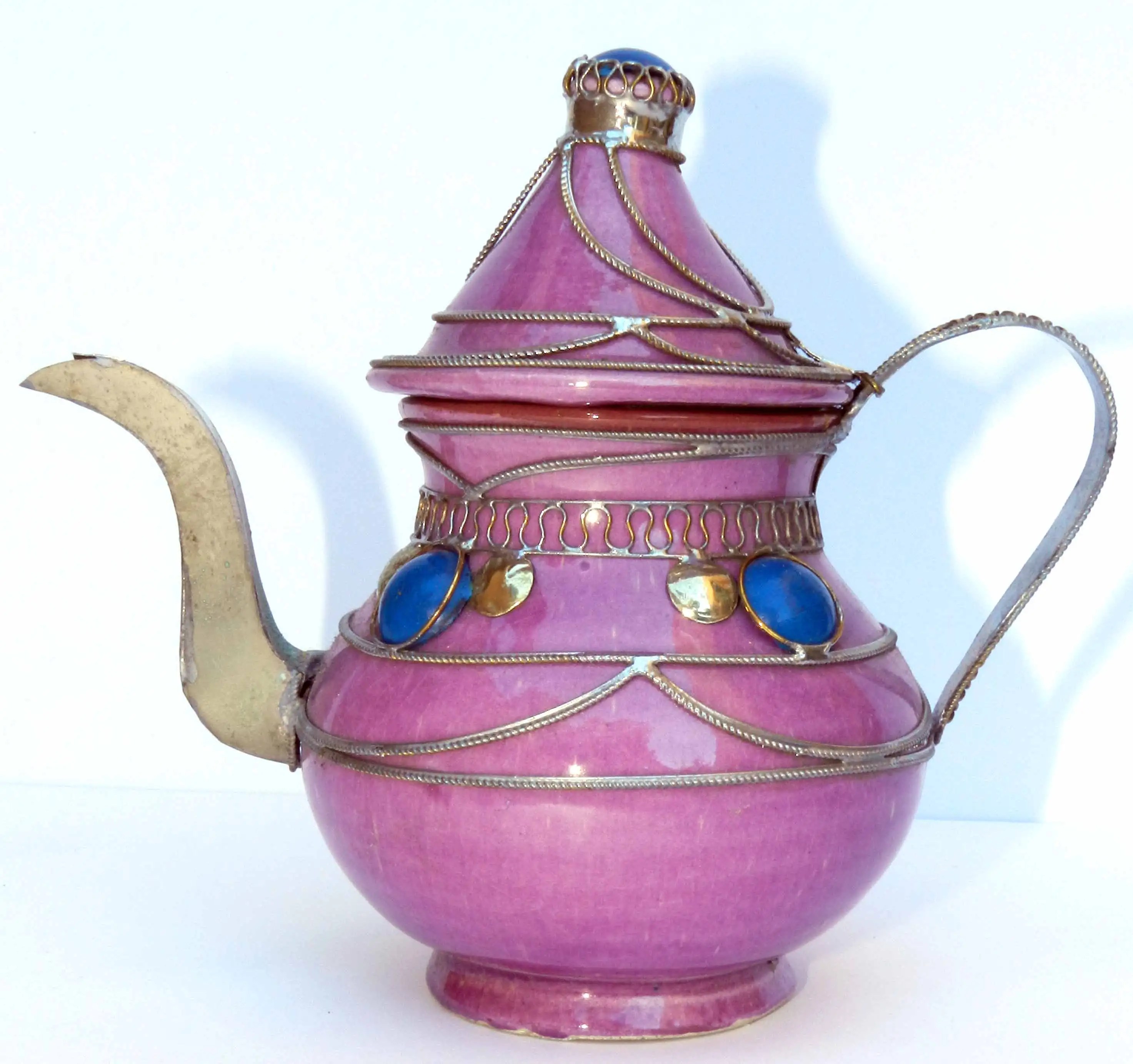 Vtg Moroccan Handmade Purple Ceramic & Silver Teapot Moroccan Kettle