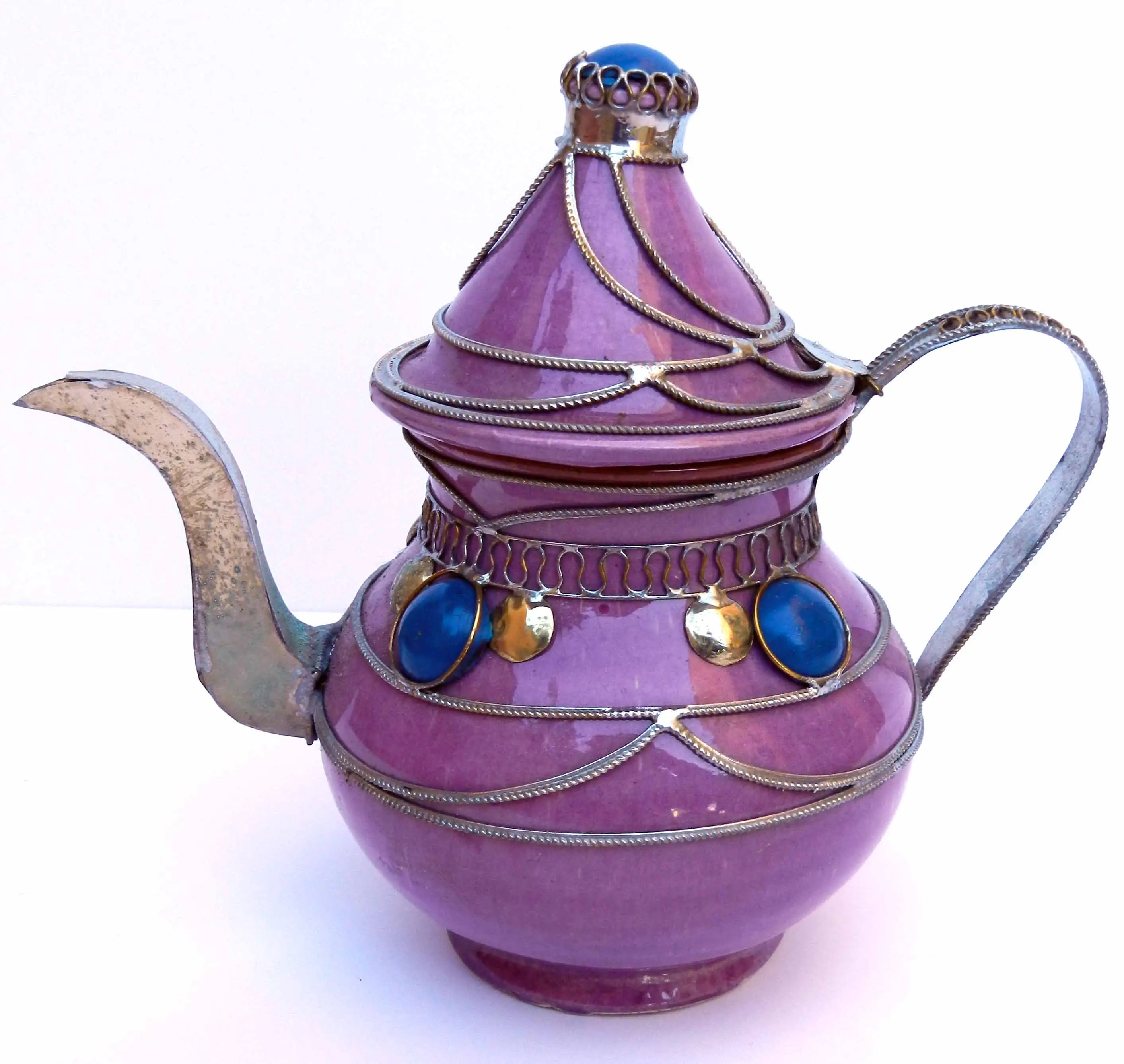 Vtg Moroccan Handmade Purple Ceramic & Silver Teapot Moroccan Kettle