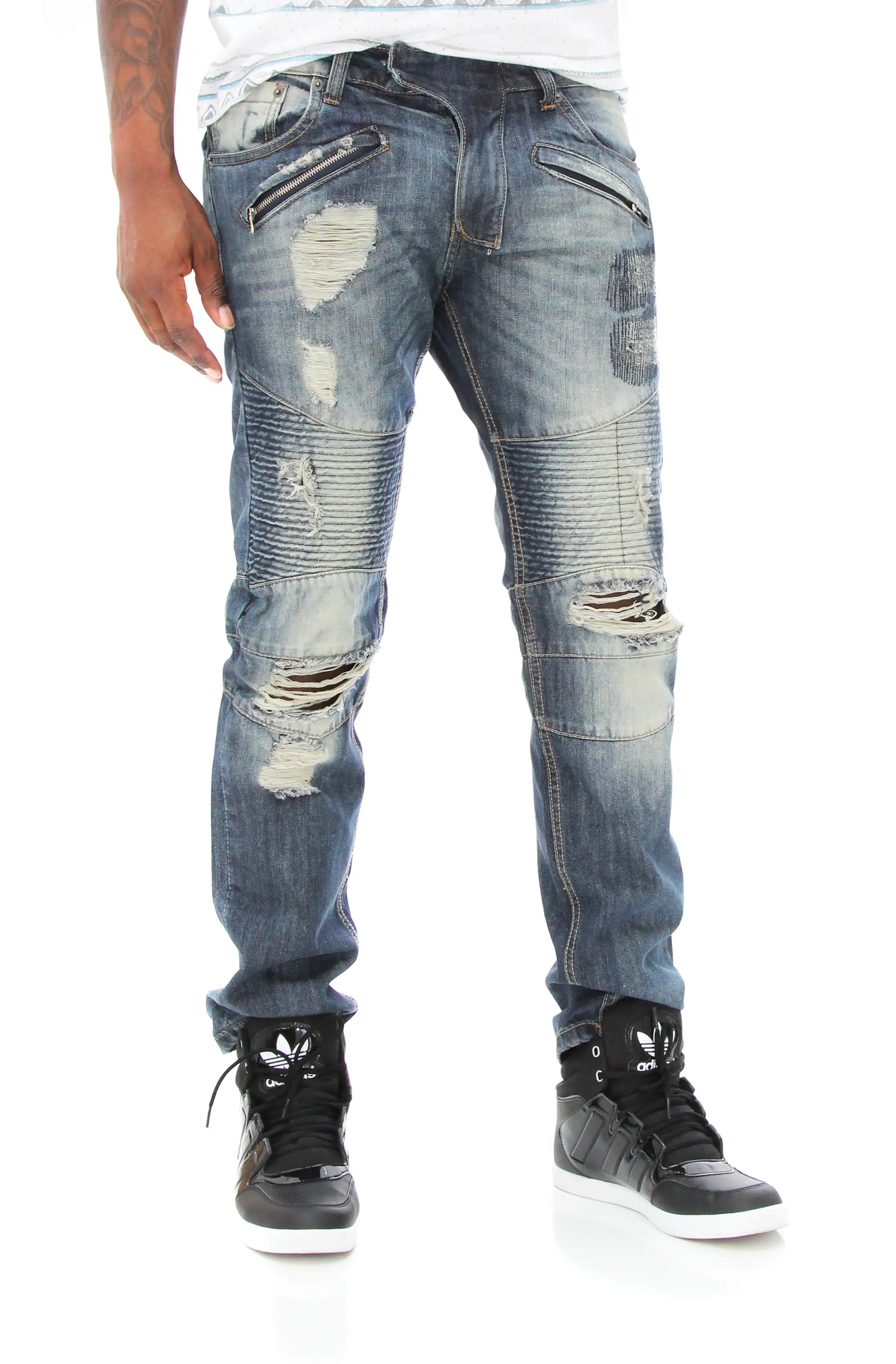 Copper Rivet Men's Damage & Repair Skinny Biker Denim Jeans