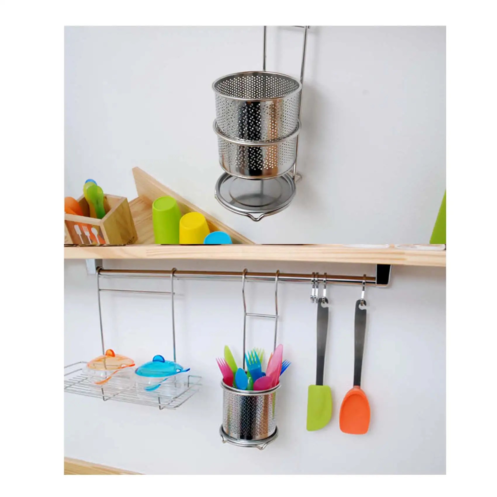 Stainless Steel Perforated Cutlery Basket With Long Hook Hanging Over