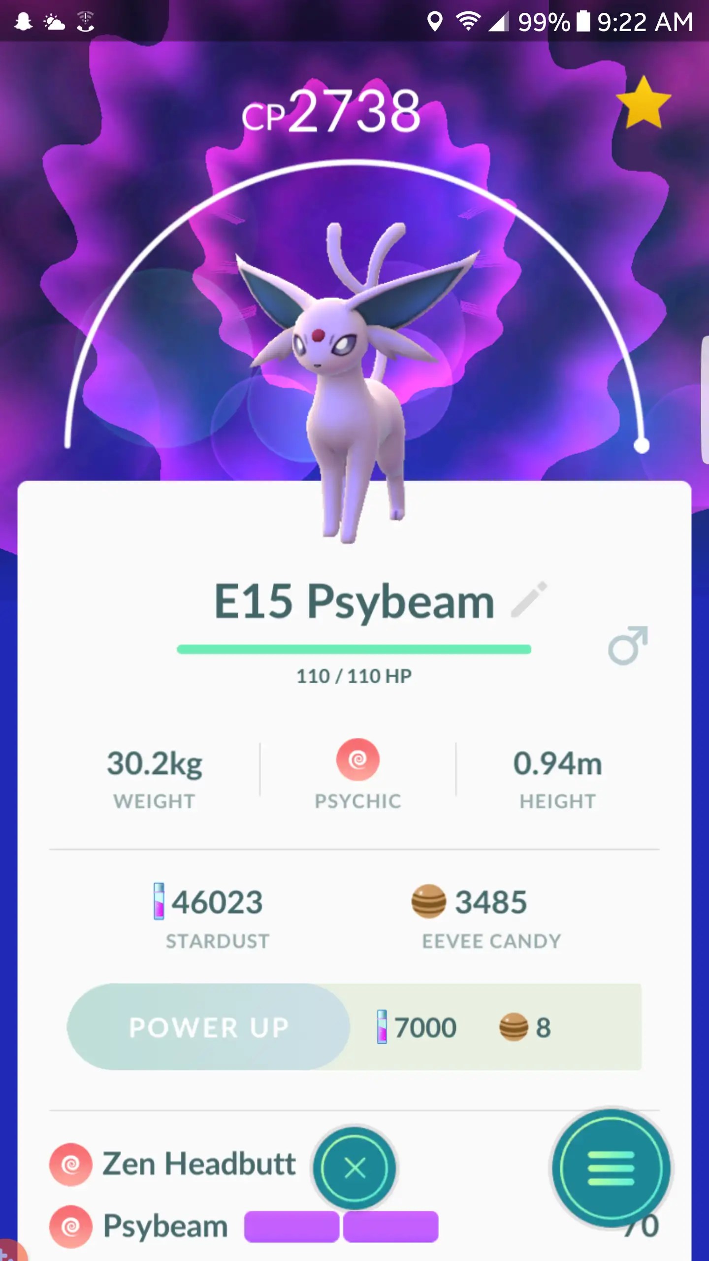 86 IV Espeon, finally got a good moveset after 5 evolves. To power or