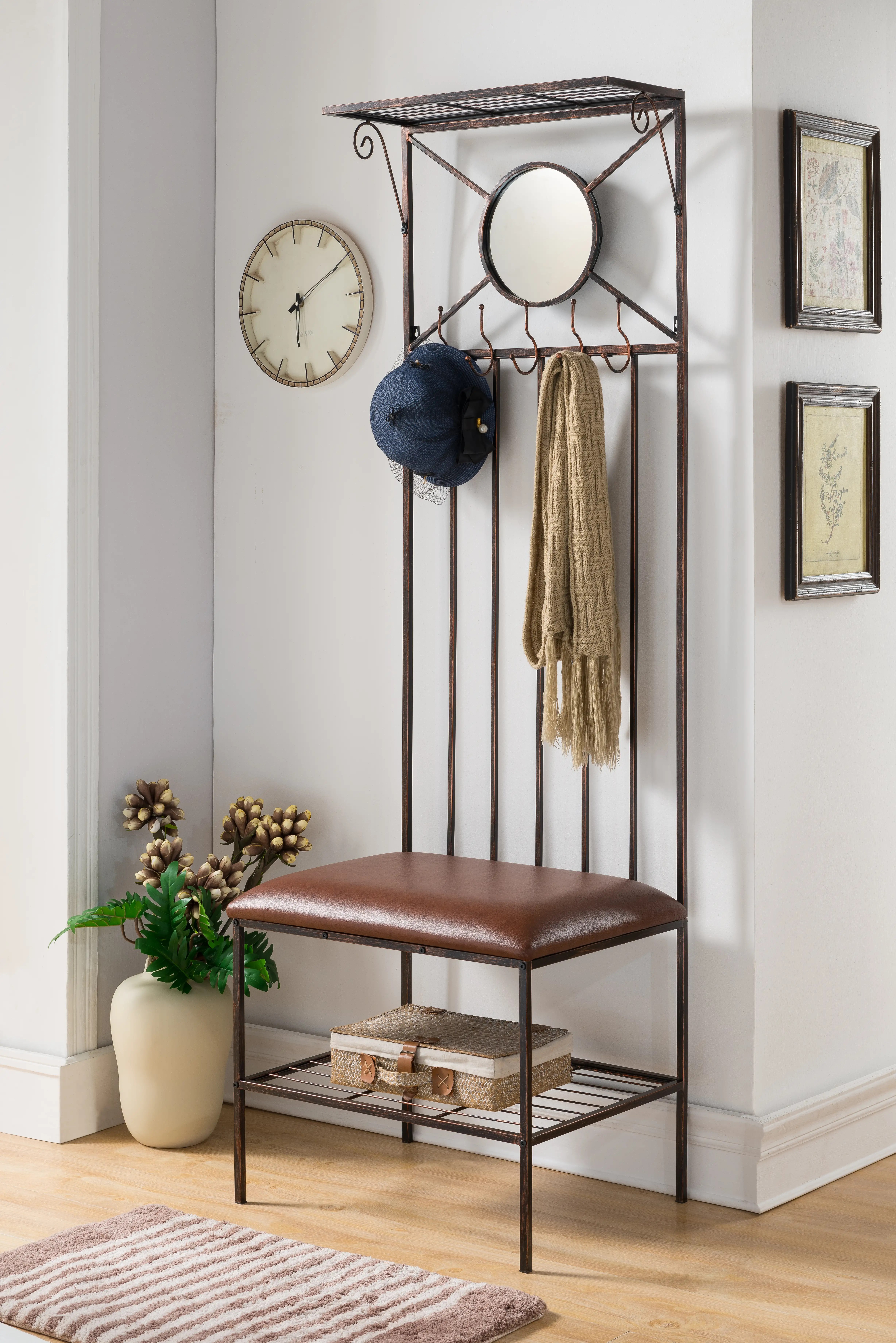 Copper Metal Entryway Hallway Storage Bench Hall Tree Coat Rack eBay