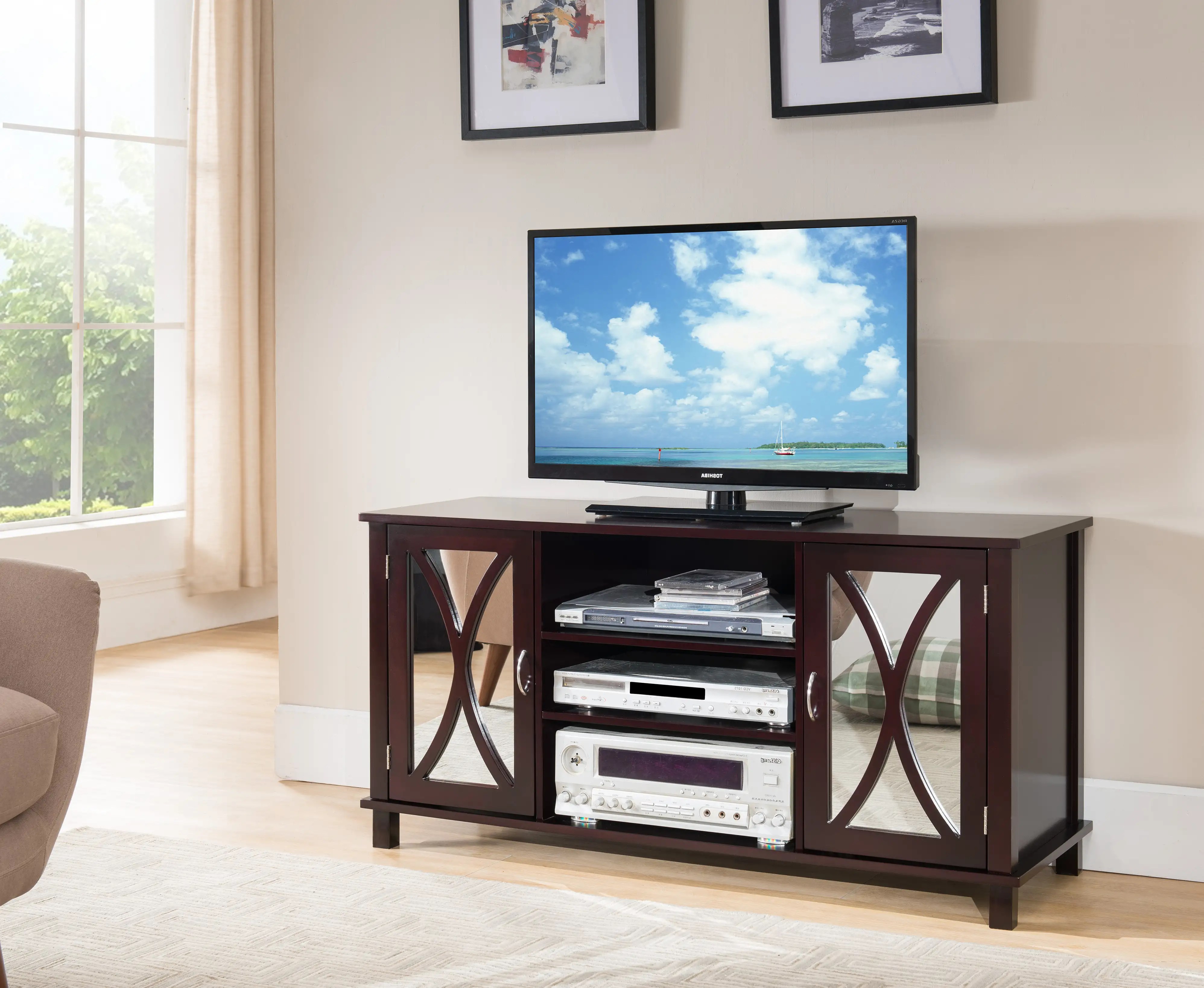 47" Black Wood Entertainment Center TV Console Stand With Glass Storage