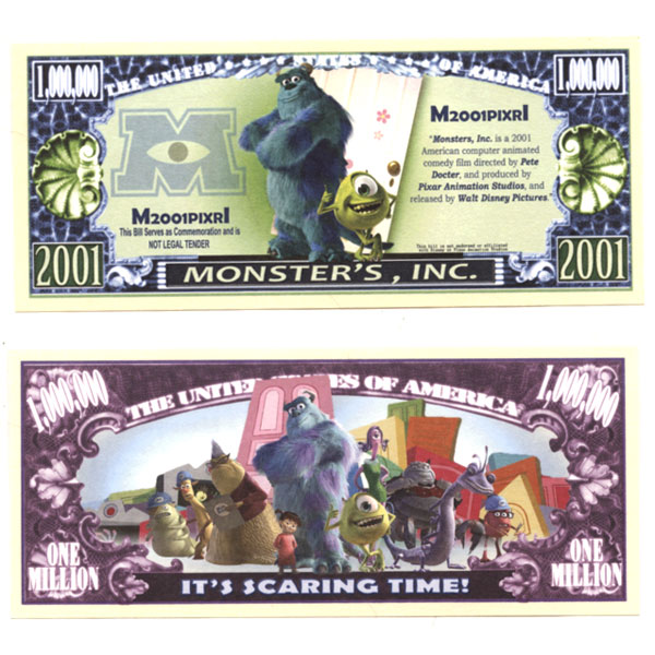 HUMORISTIC BILLS MONSTERS, INC. UNITED STATES ONE MILLION DOLLARS BILL