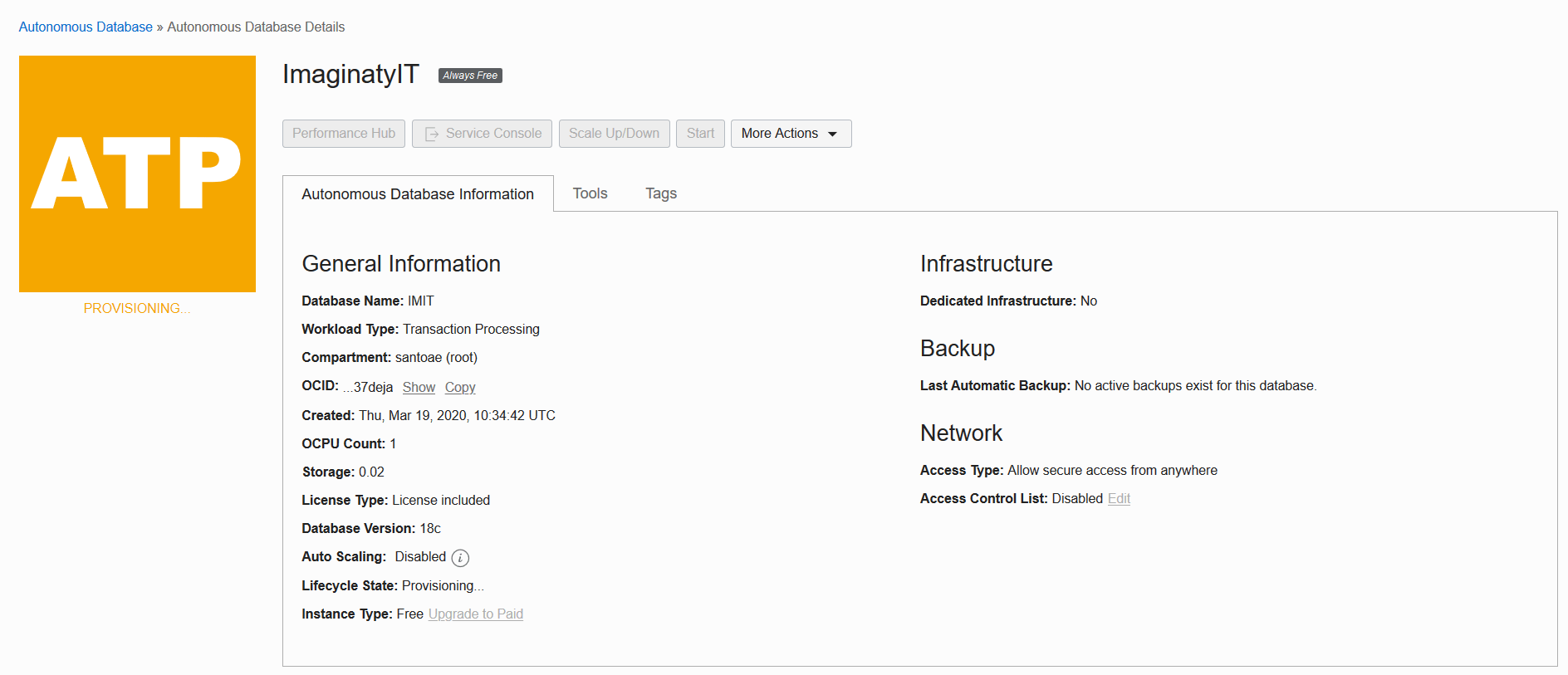 Provisioning Oracle Cloud Autonomous Database imaginaryit