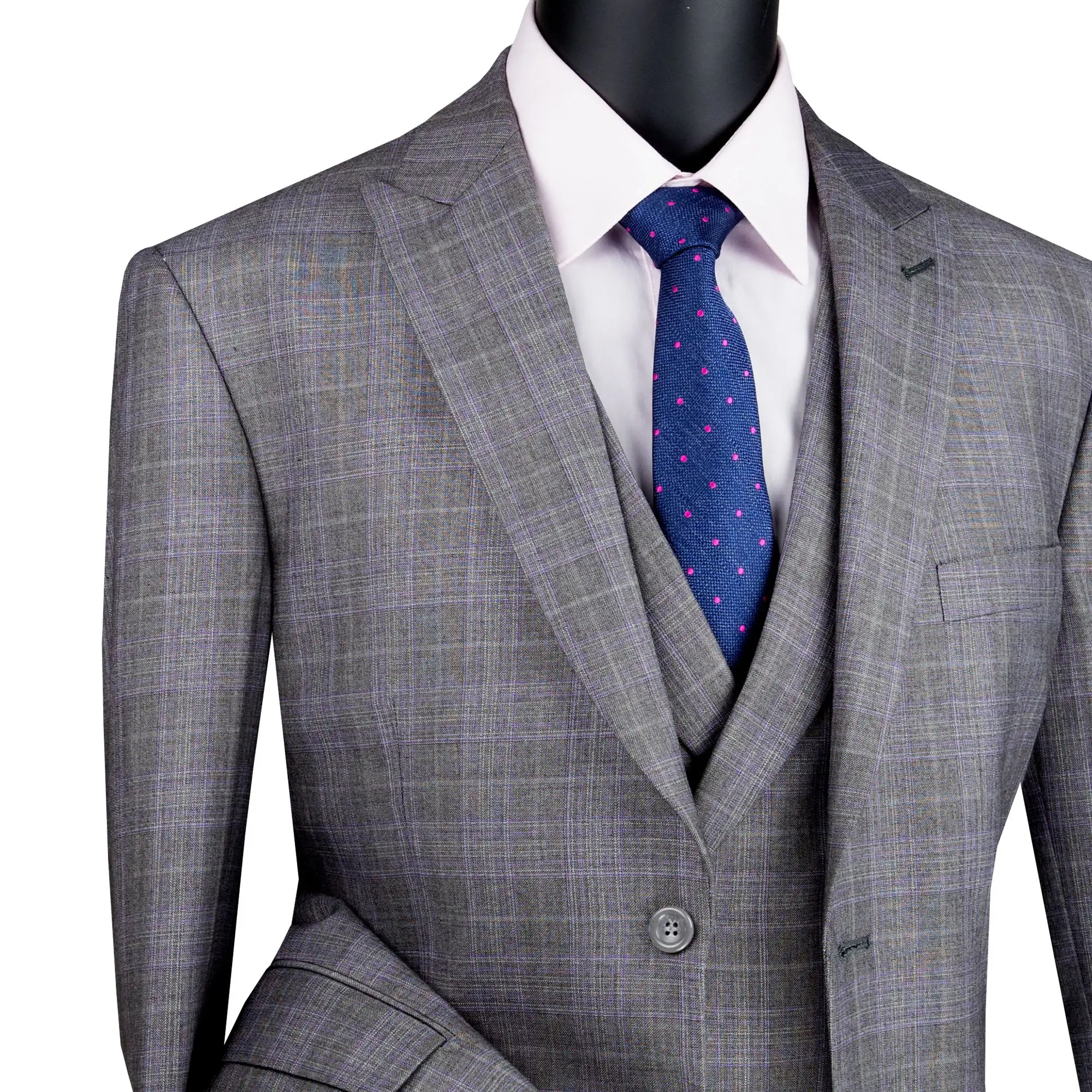 VINCI Men's Gray Glen Plaid 3 Piece 2 Button Modern Fit Suit w/ Peak