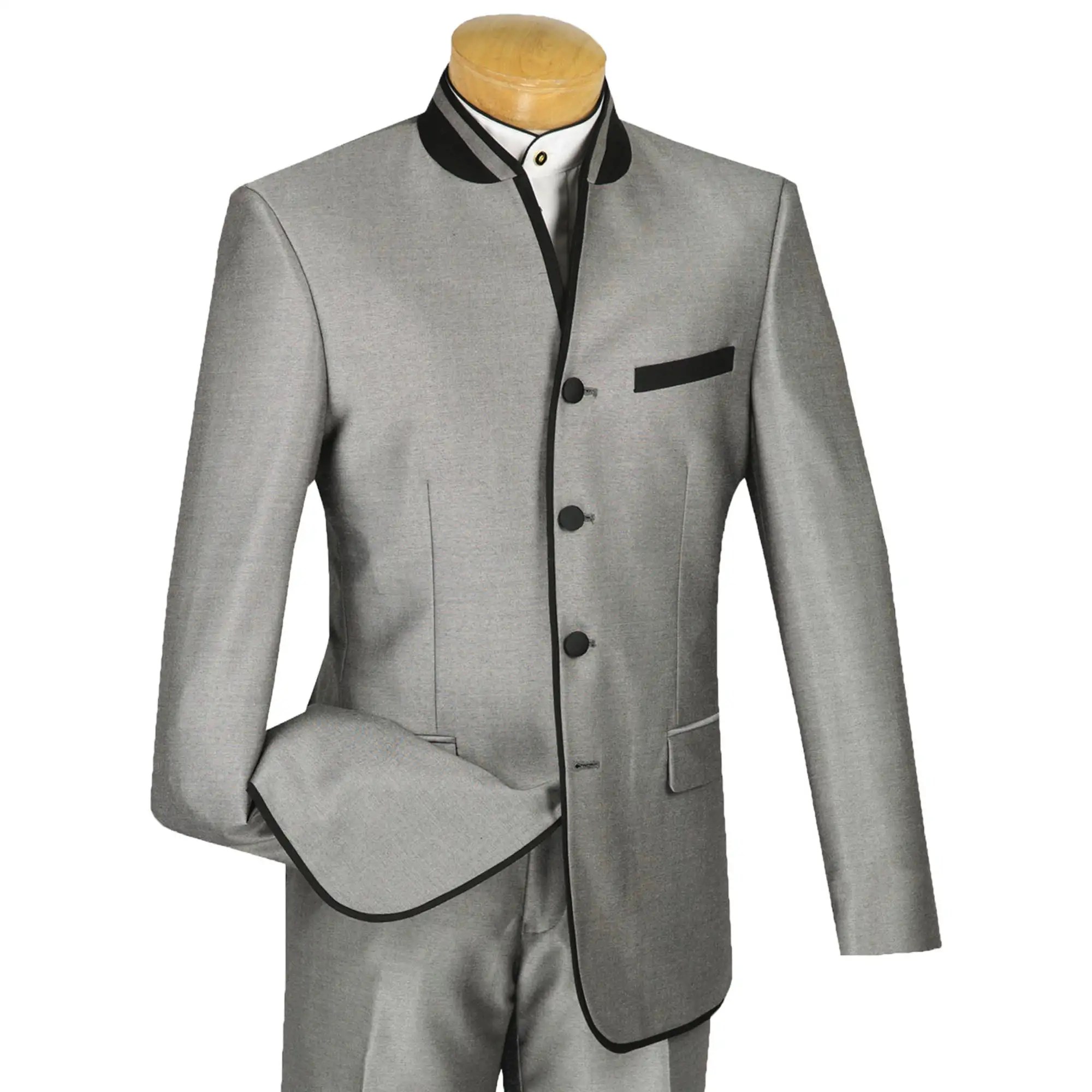VINCI Men's Gray Sharkskin Banded Collar Slim Fit Tuxedo Suit NEW eBay