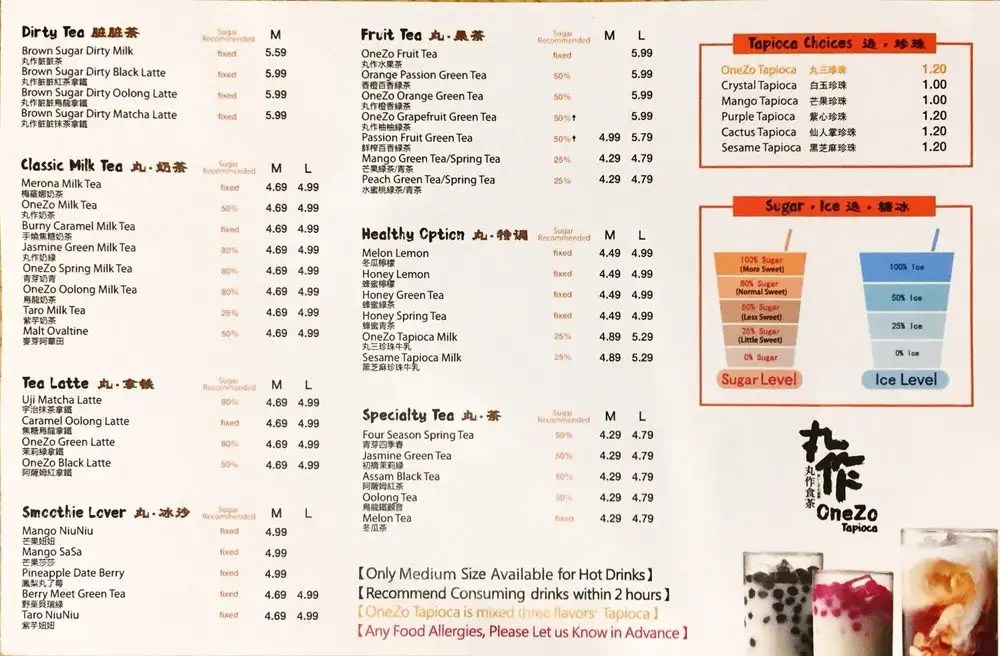 Onezo Bubble Tea Menu