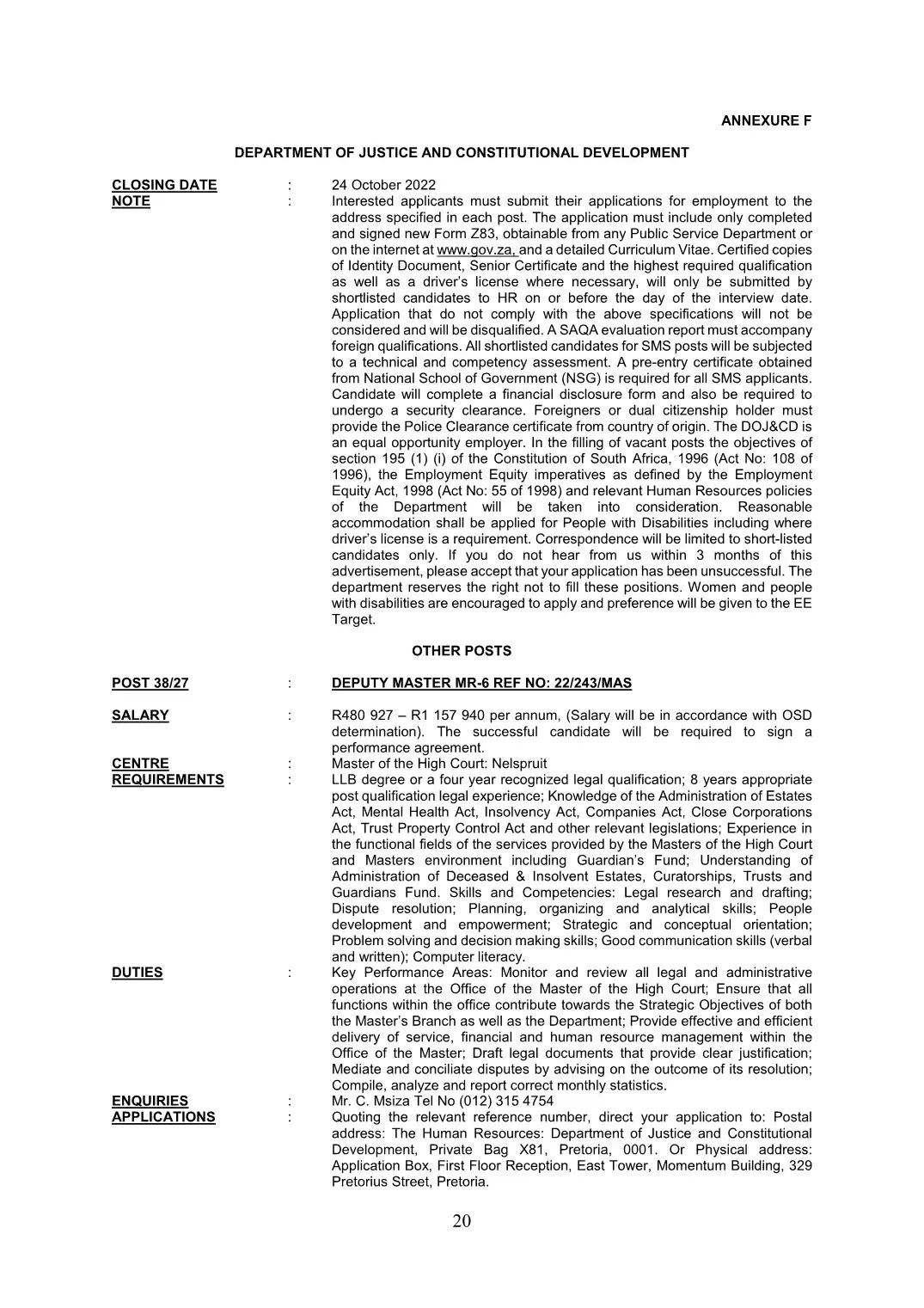 Justice and Constitutional Development Circular 38 Of 2022 DPSA Circular