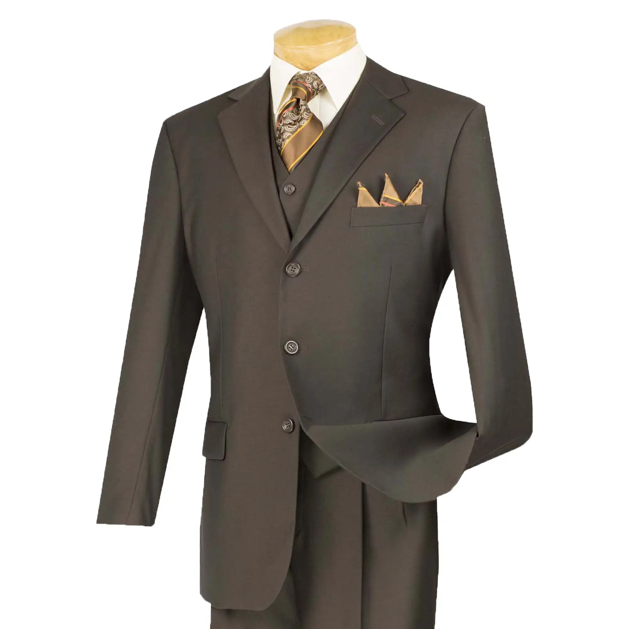 VINCI Men's Brown 3 Piece 3 Button Classic Fit Suit w/ Matching Vest