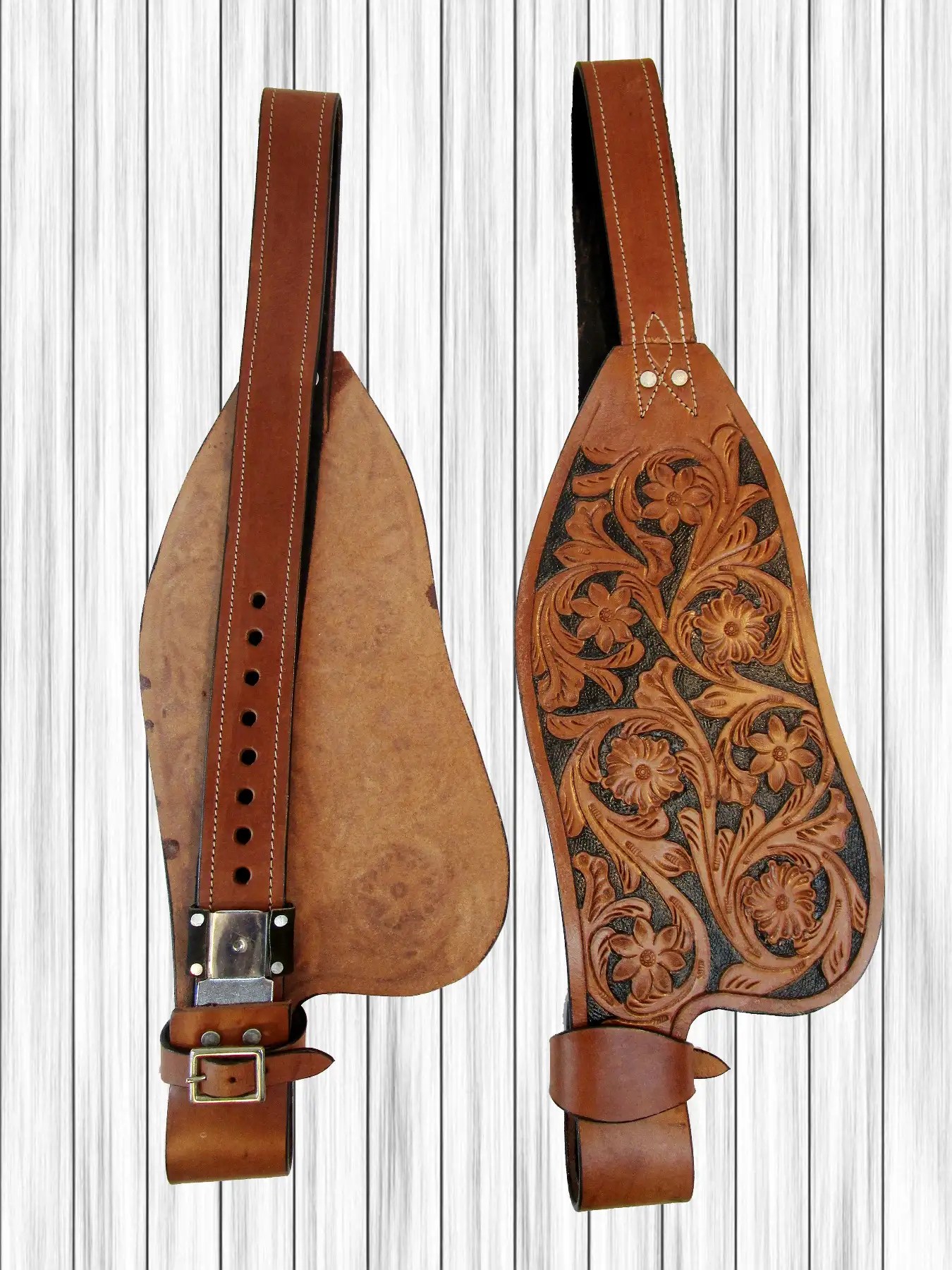 FLORAL TOOLED PAINTED WESTERN SADDLE FENDERS USED LEATHER TRAIL BARREL