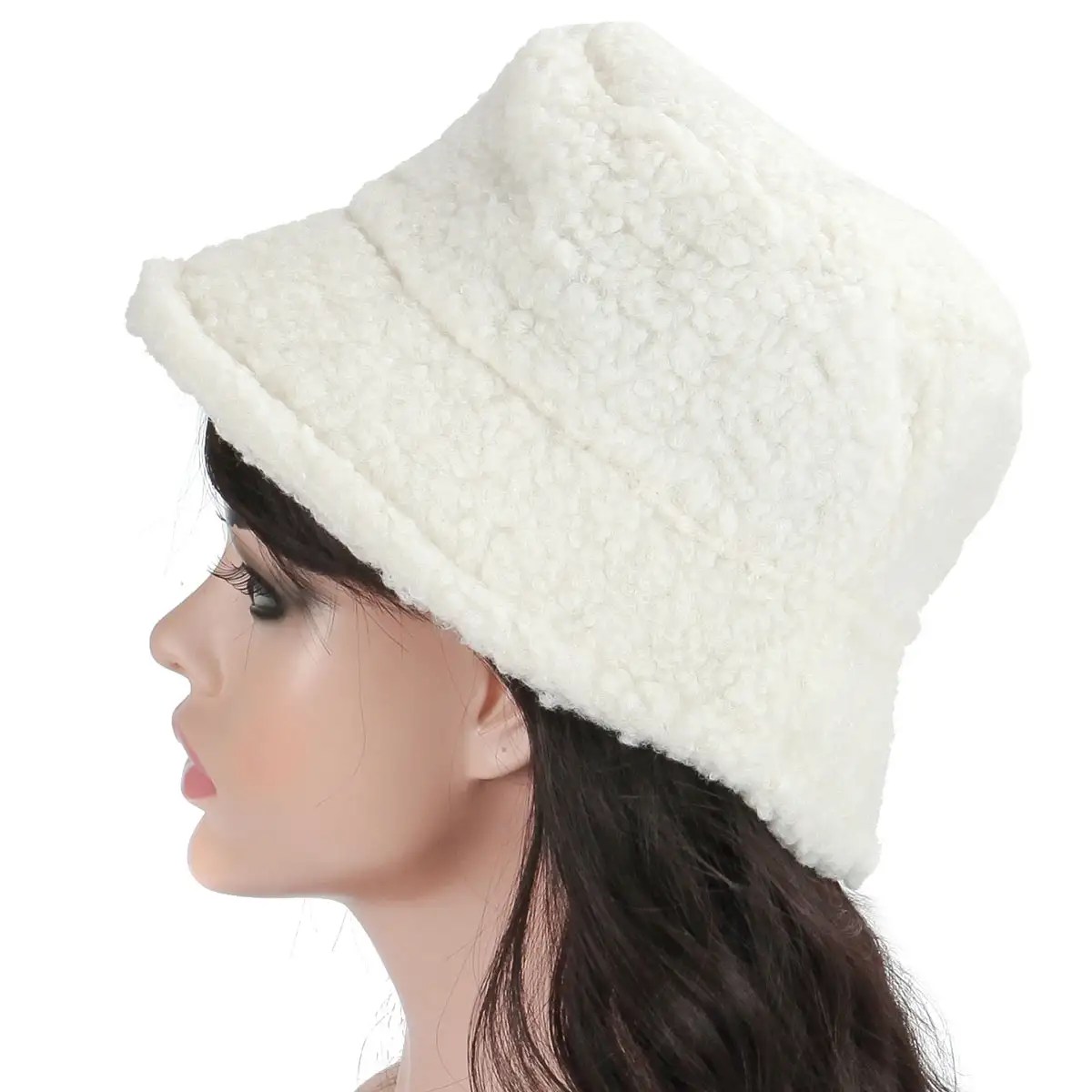 Women Bucket Cap Bush Hat Wide Brim Fluffy Fleece Fur Plush Winter