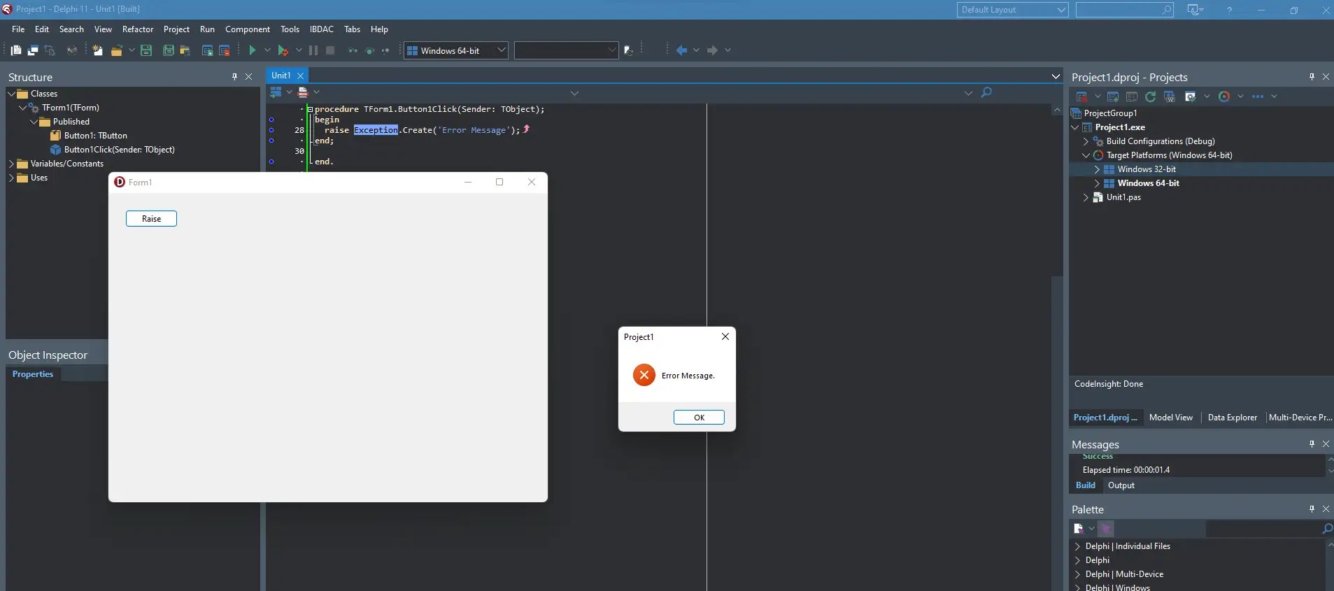 Exception not caught in Delphi 11.2 Alexandria 64 bit