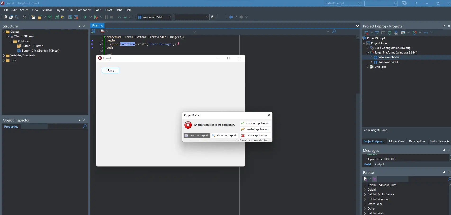 Exception not caught in Delphi 11.2 Alexandria 64 bit