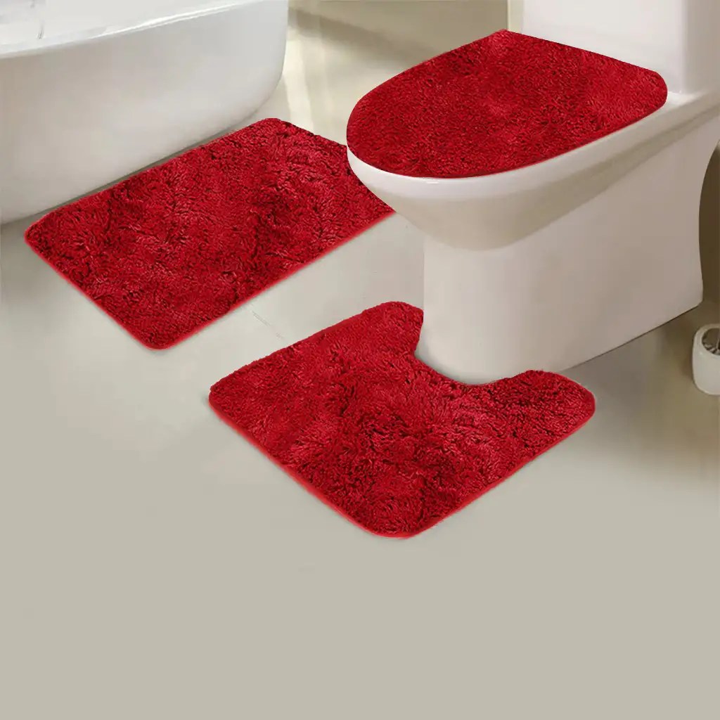 3 Pcs SOFT BATHROOM SET BATH MAT CONTOUR RUG TOILET LID COVER SET eBay