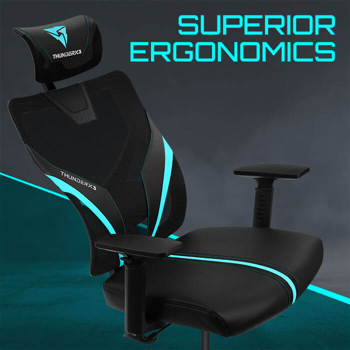Cadeira Gaming THUNDERX3 YAMA1 Black Cyan, neck & lumbar support, mesh