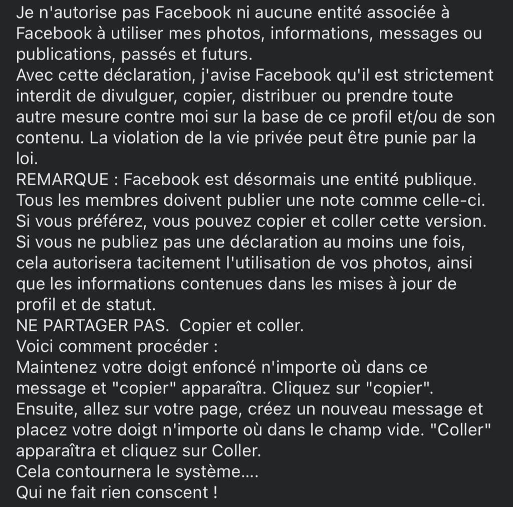 Copiercoller ce message pour protéger ses données sur Facebook ne sert