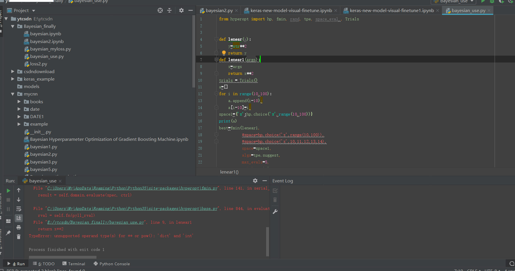 TypeError unsupported operand type(s) for ** or pow() 'dict' and 'int