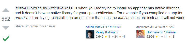 Failure [INSTALL_FAILED_NO_MATCHING_ABIS Failed to