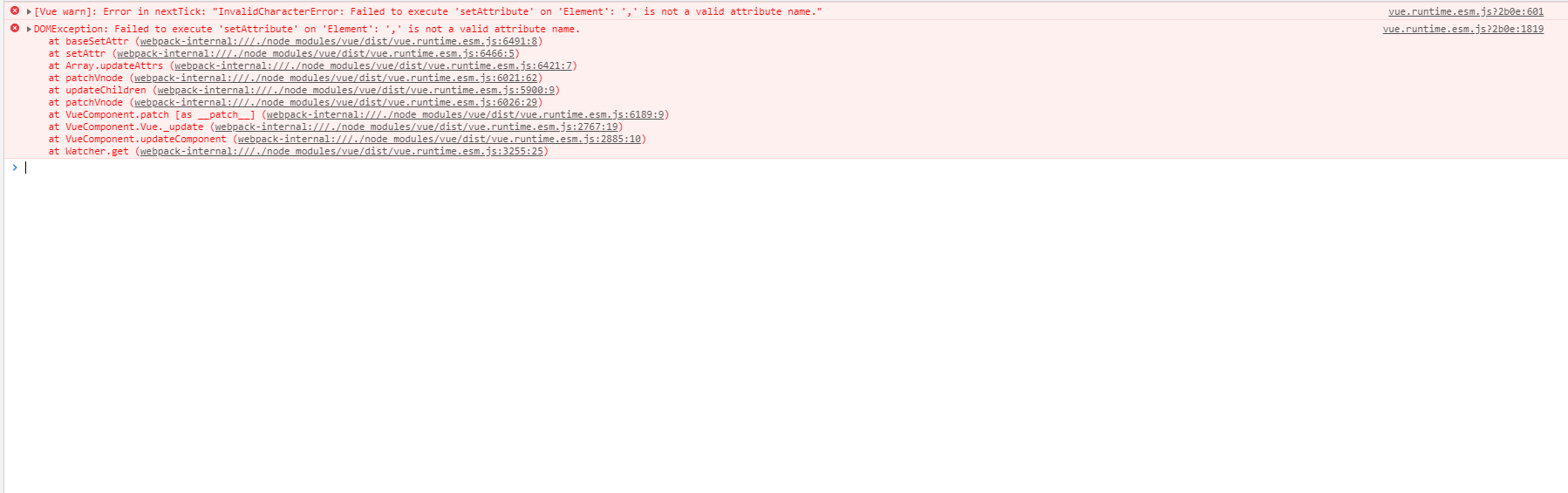 DOMException Failed to execute 'setAttribute' on 'Element' ',' is not