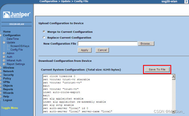 Update config files. Select external configuration file. boa configuration file. screenos. choosing external configuration file.