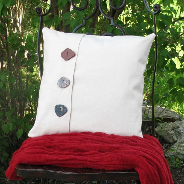 Great Lake Stone Buttons White Canvas Pillow Cover Handmade Michigan