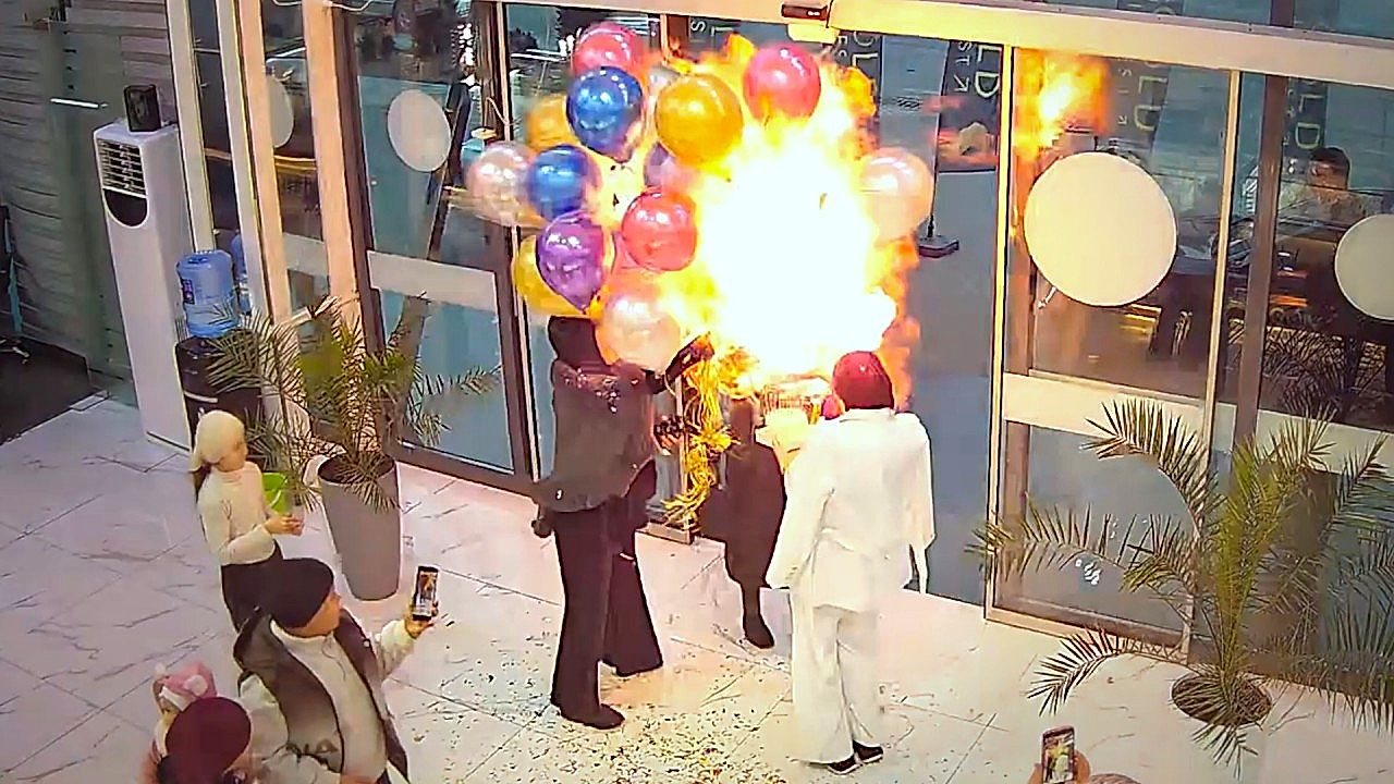 Birthday surprise turns explosive as cake sparklers ignite balloons
