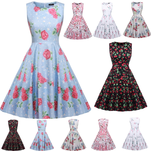Home > Dresses > Midi > ACEVOG Vintage Floral Spring Sleeveless Party Picnic Party Cocktail Dress