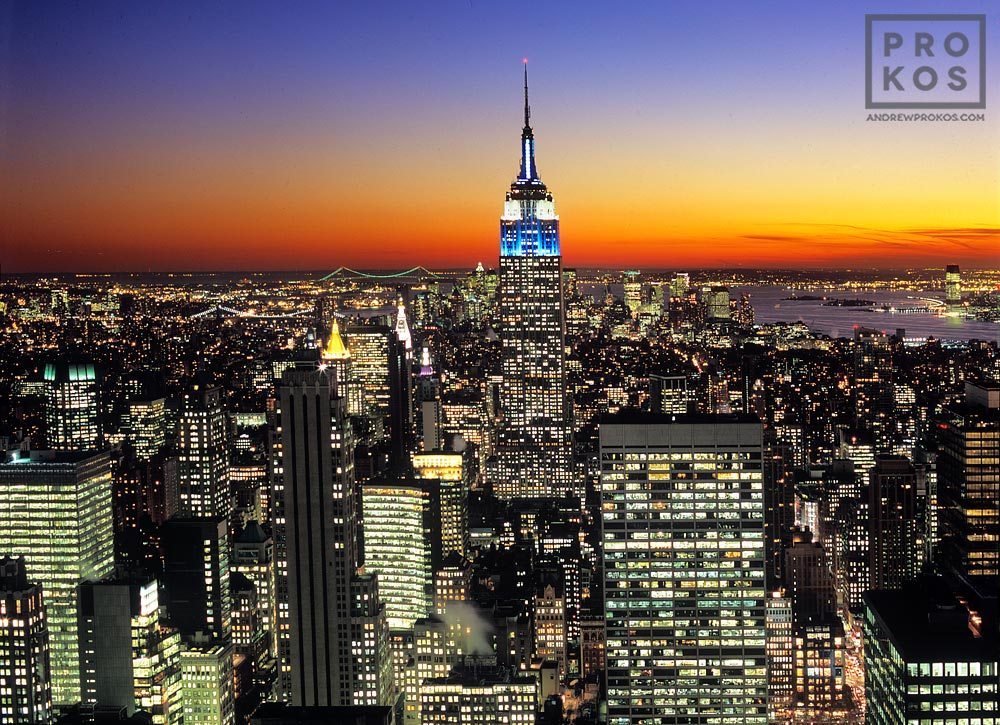 View of the Empire State Building from Rockefeller Center at Dusk