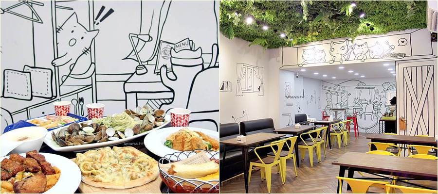 喵匠義式麵坊｜走進喵咪的漫畫世界用餐，低消65元享冰淇淋飲料無限暢飲，100顆蛤蠣義大利麵、黃金泡菜焗烤飯、咖哩總匯披薩等人氣義式餐點，友善親子餐廳