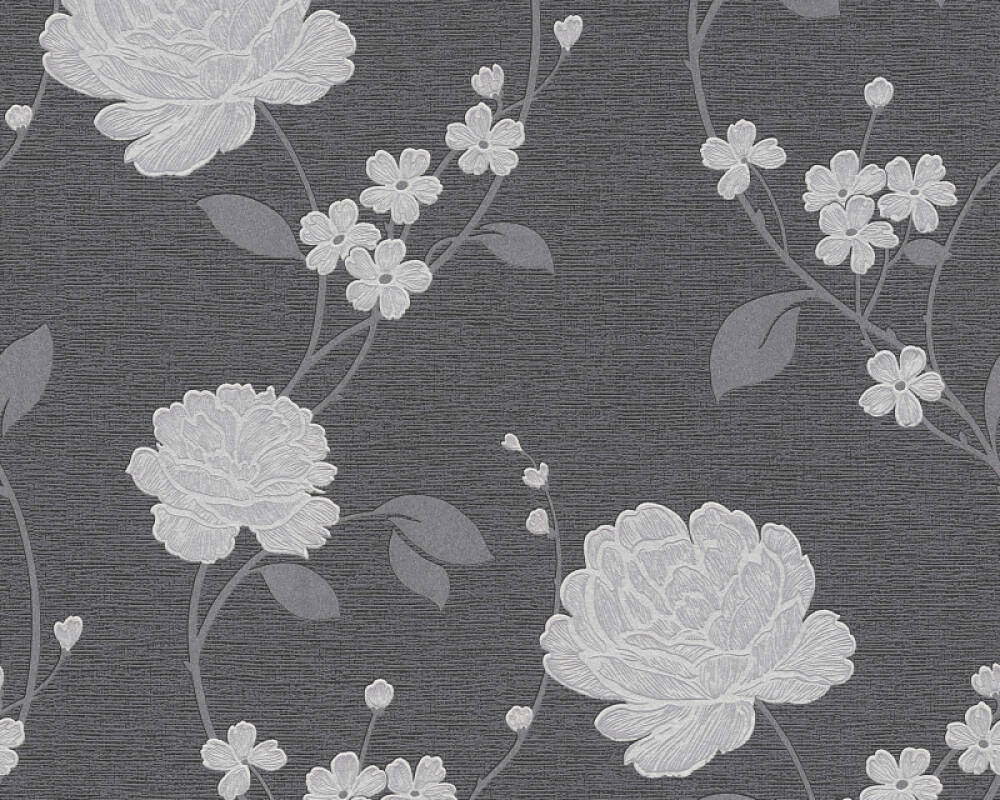 Black Wallpaper With Silver Flowers