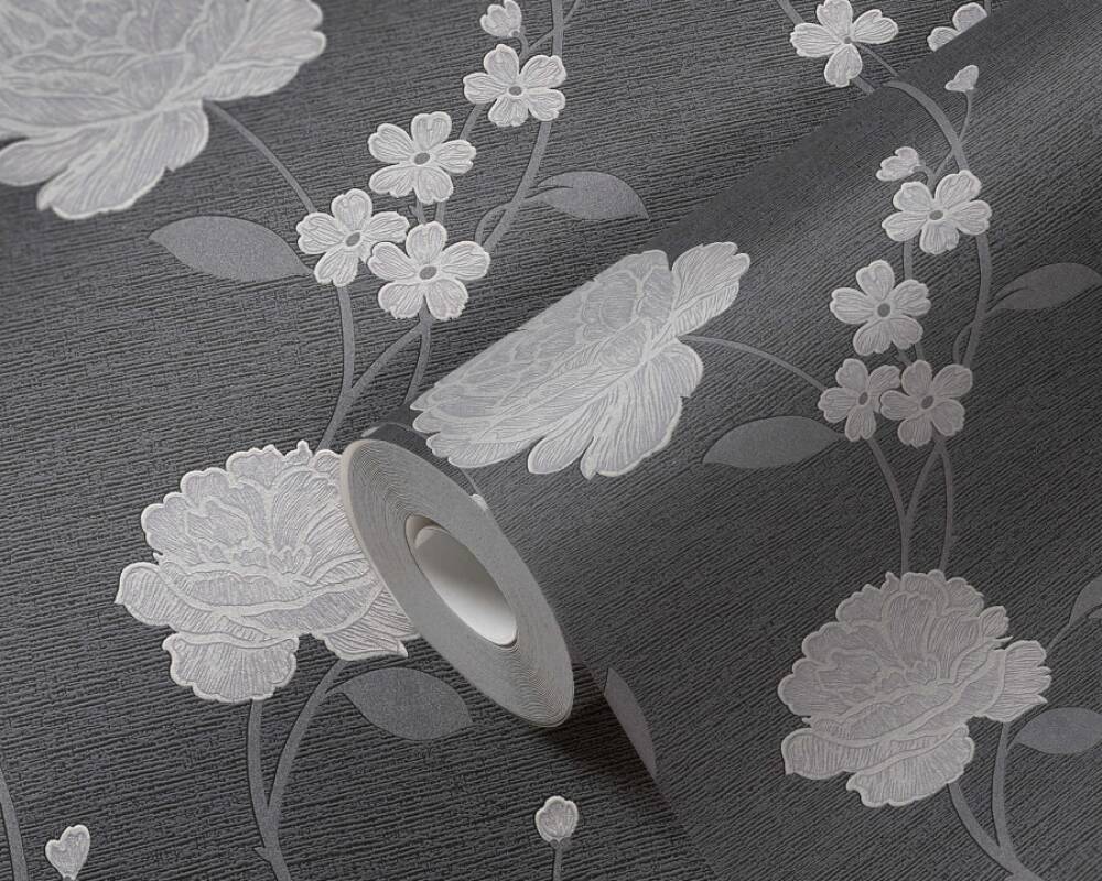 Black Wallpaper With Silver Flowers