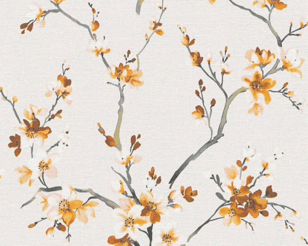 livingwalls Wallpaper «Floral, Cream, Grey, Orange» 385202
