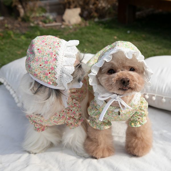 【未使用】【複数枚の購入可】【落札後、色/サイズ指定可】犬服 ドッグウェア ヘッドドレス付き ワンピース 上品 春 夏 新作 新品 花柄 XS