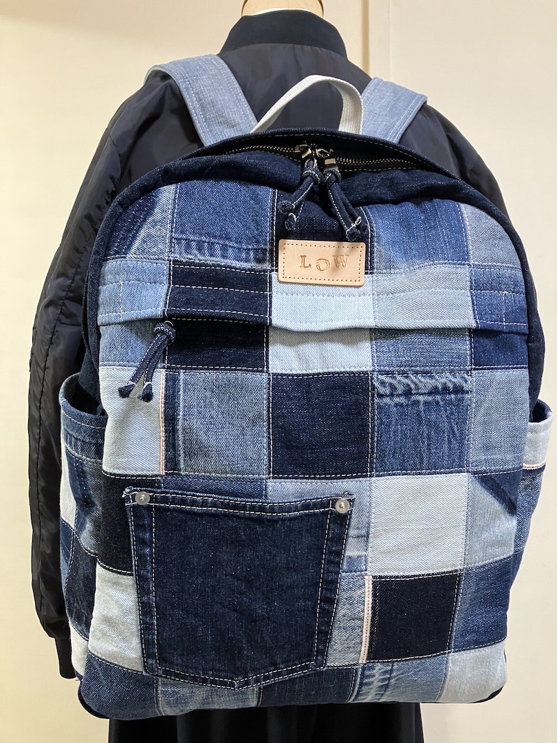 【未使用】デニムリメイクバッグ ハンドメイド LOW オリジナル リュック 男女兼用 パッチワーク リメイク ブロックチェック バックパックの