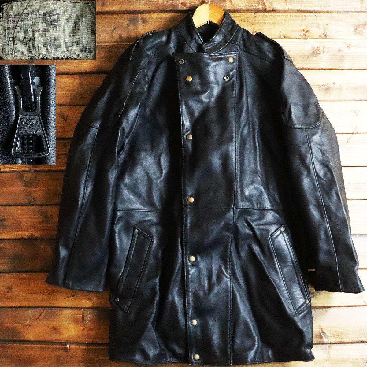 【目立った傷や汚れなし】E3S/T12.21 70s ビンテージ フランス軍 本革 レザーモーターサイクルコート レザージャケット