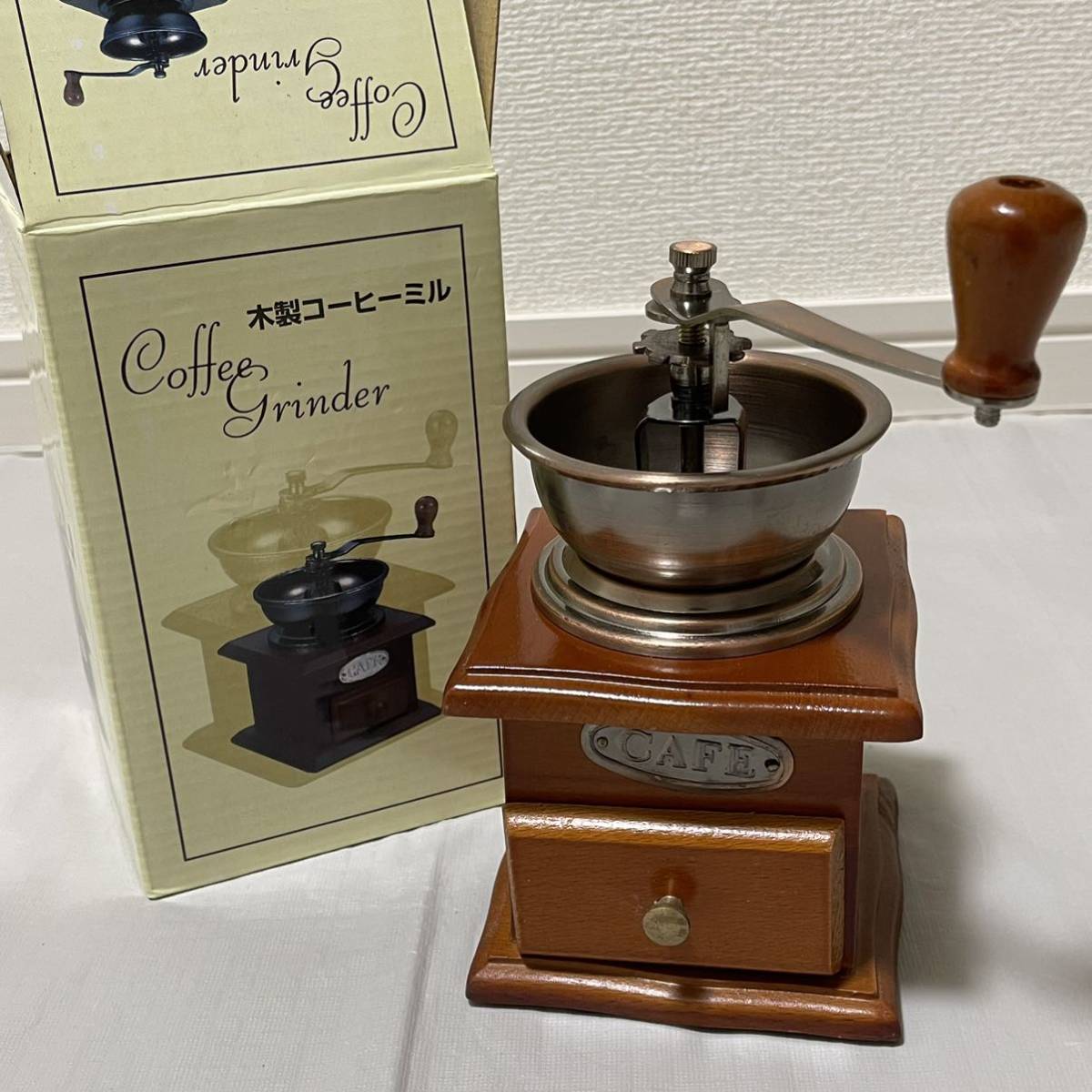 【未使用】F 未使用 木製コーヒーミル coffee grinder 手挽き 手動式 木製 家庭用 豆挽き コーヒー豆 昭和レトロ